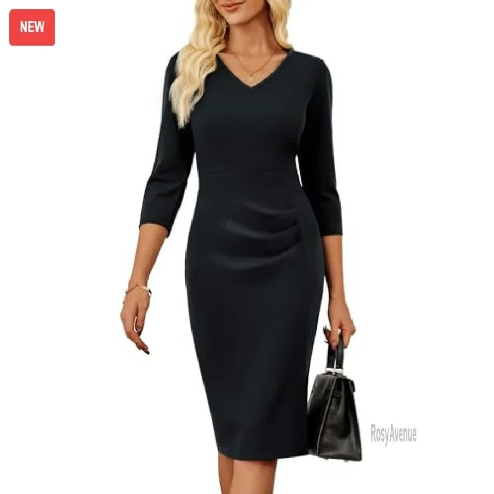 Professional Bodycon Dress 3/4 Sleeve V Neck Pencil Midi Office Wear